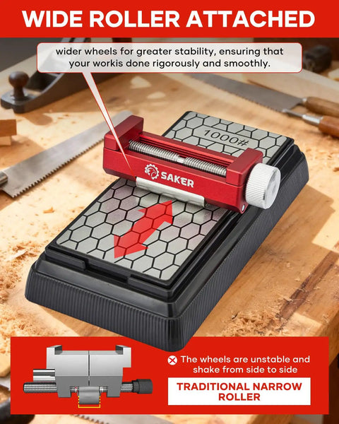 Heavy Duty Chisel Sharpening Jig And Wood Honing Guide With Adjustable Angles For Short Plane Blades with a wide roller feature.