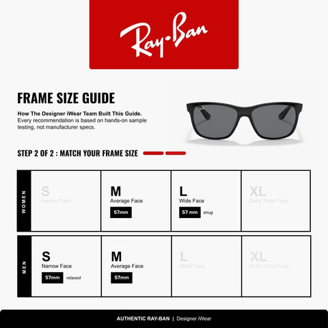 Ray-Ban frame size guide with image of sunglasses featuring black frame and dark lenses, 57mm width for wide faces.