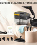 Entalva Heavy Duty 1600W Handheld Steam Cleaner With Large 1.69 Gallon Tank and accessories including brushes and nozzles.