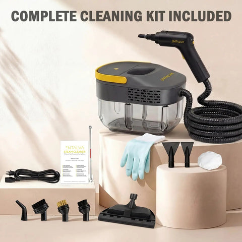 Heavy Duty 1600W Handheld Steam Cleaner For Home 1.69 Qt Tank Heats To 230F Rapidly with full accessory kit displayed.