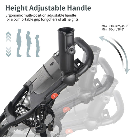 Height adjustable handle on Heavy Duty Aluminum Golf Push Cart With No Fuss Quick Release Fold Build And Low Drag Eva Wheels.