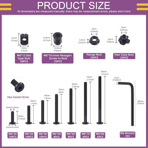 192 Piece M6 Hardware Kit For Cribs And Furniture size chart with bolts, nuts, and Allen wrench, labeled dimensions and quantities.