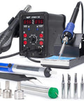 2 In 1 Hot Air Rework Soldering Station Kit with desoldering tool, lead free solder wire, five soldering tips, three hot air nozzles, tweezers, and desoldering pump for electronics DIYers. Front view with accessories displayed.