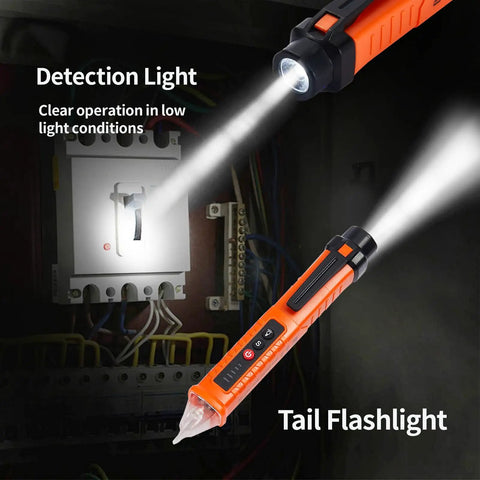 Two Pack Non Contact Voltage Tester With Live Wire Alarm And Bright LED Light, Buzzer And Flashlight, Wire Breakpoint Finder, Detects 12V To 1000V AC, Great For Home DIY And Pro Electric Work, Orange And Red, orange pen-style tester with tail flashlight