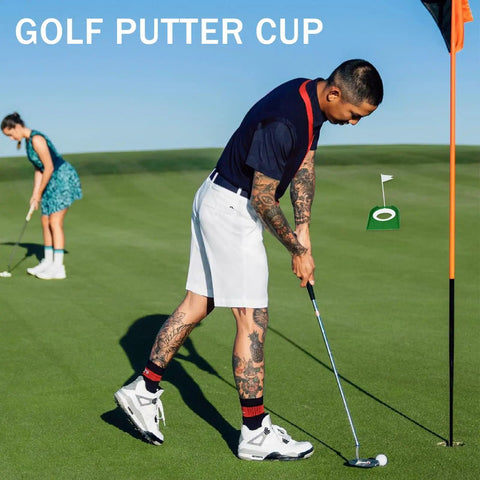 Two people using Indoor Golf Putting Green Set With 2 Cups And Flags, Easy Setup Practice Aids For Home Office Or Outdoor Use