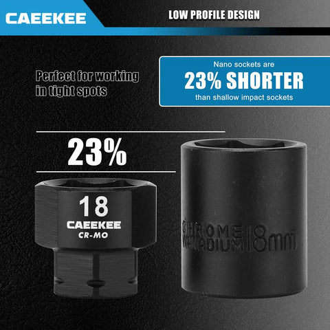 Low Profile Nano Impact Socket Set For 3/8 Inch Drive Metric Tools 6mm Through 19mm Cr-Mo Steel 6 Point Stubby Sockets