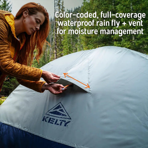 Person adjusting waterproof fly vent on Late Start 2P Backpacking Tent for Two People, Lightweight Camping Shelter with Quickcorner Pole Sleeves