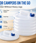 Collapsible Water Container With Spigot For Camping, RV, Hiking, Travel, And Emergency Prep shown folded and expanded on a table.