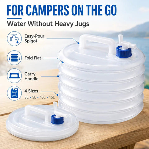 Collapsible Water Container With Spigot For Camping, RV, Hiking, Travel, And Emergency Prep shown folded and expanded on a table.