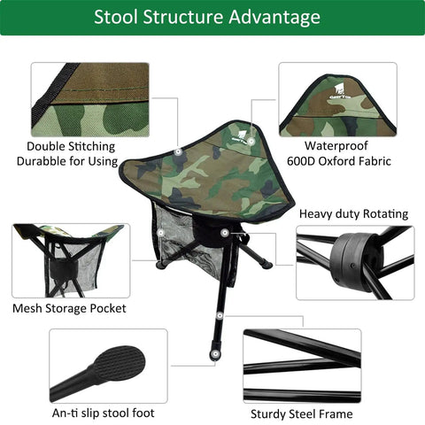 Portable Camping Swivel Folding Stool With 360 Degree Rotation Lightweight Tripod Chair in camo, steel frame, mesh pocket