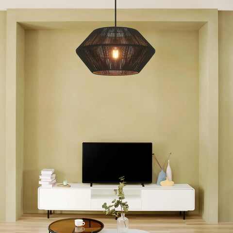 Living room with One Light Modern Twine Pendant With Matte Black Canopy And Shade, Natural Jute Twine, highlighting warm ambiance.