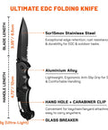 Compact Folding Pocket Knife With Aluminum Handle And Stainless Steel Blade Lightweight Everyday Carry Utility Knife With Carabiner Clip And Glass Breaker For Camping And Hiking shown with specifications and features