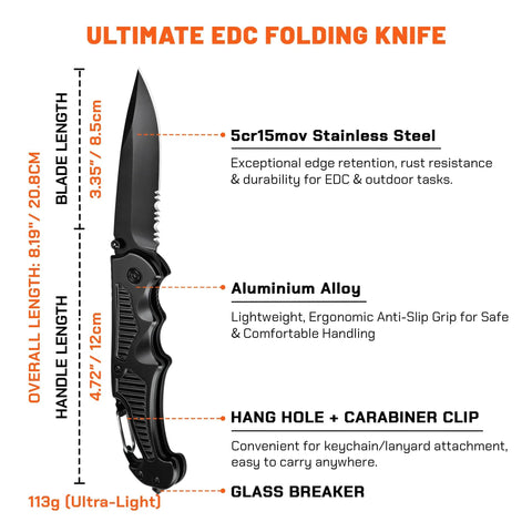 Compact Folding Pocket Knife With Aluminum Handle And Stainless Steel Blade Lightweight Everyday Carry Utility Knife With Carabiner Clip And Glass Breaker For Camping And Hiking shown with specifications and features
