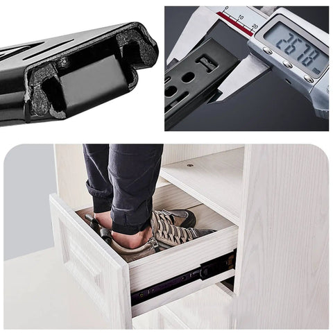 Close-up of Heavy Duty Ball Bearing Cabinet Drawer Slides Smooth Glide Kitchen Hardware Rails in use with shoes on a drawer.