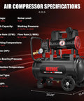 Boss Level Portable 8 Gallon Steel Air Compressor With 1.5 Hp And 2.85 Cfm At 116 Psi Quiet Oil Free Motor specifications and dimensions.
