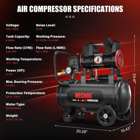 Boss Level Portable 8 Gallon Steel Air Compressor With 1.5 Hp And 2.85 Cfm At 116 Psi Quiet Oil Free Motor specifications and dimensions.