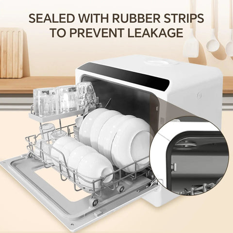 No Sweat Countertop Dishwasher With Built In Water Tank showing rubber seals, compact design, and plates in loaded rack.