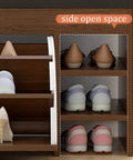 Side view of No Sweat Flip Front Shoe Cabinet With Comfy PU Bench Seat showing stored footwear in open space.