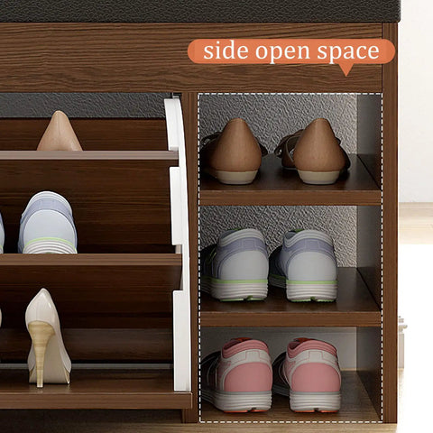 Side view of No Sweat Flip Front Shoe Cabinet With Comfy PU Bench Seat showing stored footwear in open space.