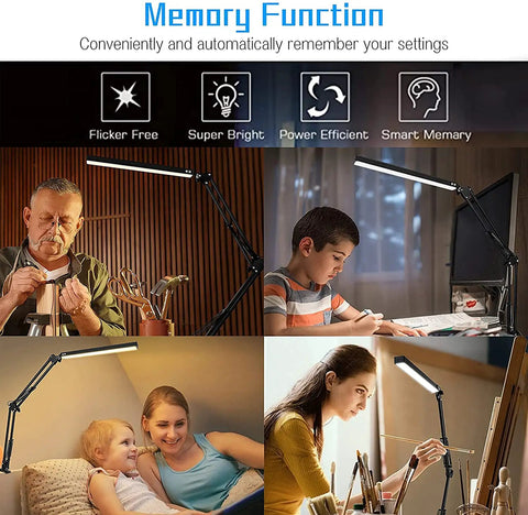 LED Desk Lamp With Clamp And Round Base Go To Swing Arm Eye Caring Table Light Three Color Modes USB Powered 14W display