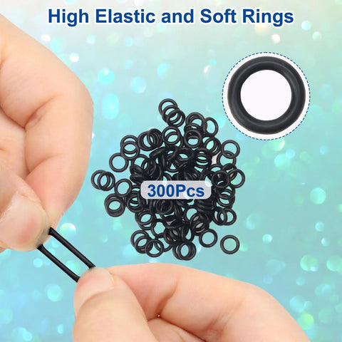 Close-up of elastic O rings from Dual Wacky Rig Tool Set With 320 Elastic O Rings And Wacky Worm Rig Kit, being stretched by hand.