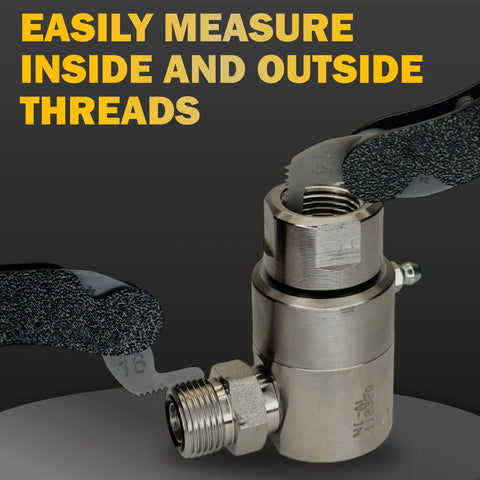 Hydraulic Thread Pitch Gauge For Fittings That Measure TPI Across NPT NPSM JIC ORB SAE 45 ORFS And More Anti Rust Durable And Easy To Read With Angle Gauges Inside And Outside Threads Inches And Mm displayed measuring thread on fitting.