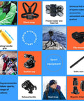 70in1 Action Camera Accessories Kit For GoPro And Most Cameras Including Hero Series Insta360 X Series DJI Osmo Action And AKASO Featuring different mounts and accessories displayed, including chest strap, selfie stick, and suction cup.