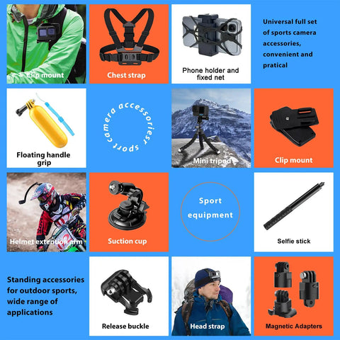 70in1 Action Camera Accessories Kit For GoPro And Most Cameras Including Hero Series Insta360 X Series DJI Osmo Action And AKASO Featuring different mounts and accessories displayed, including chest strap, selfie stick, and suction cup.
