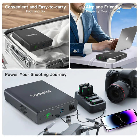 Collage showing 27000mAh AC 130W Portable Laptop Charger in suitcase, airplane setting, and with camera and drone setup.