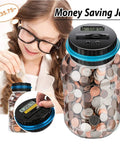 Coin Counter Money Jar With LCD Display Large 1.8L Digital Coin Bank with US coins and girl using it for savings
