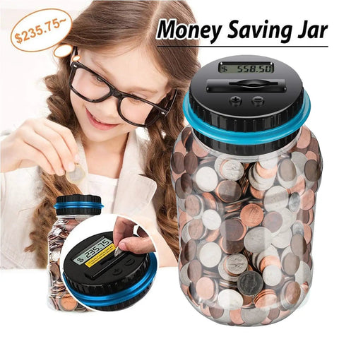 Coin Counter Money Jar With LCD Display Large 1.8L Digital Coin Bank with US coins and girl using it for savings
