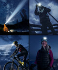 Collage of people using Rechargeable 2 Pack Headlamp With Beast Bright 1200 Lumen LED, Motion Sensor in outdoor activities like hiking and cycling.