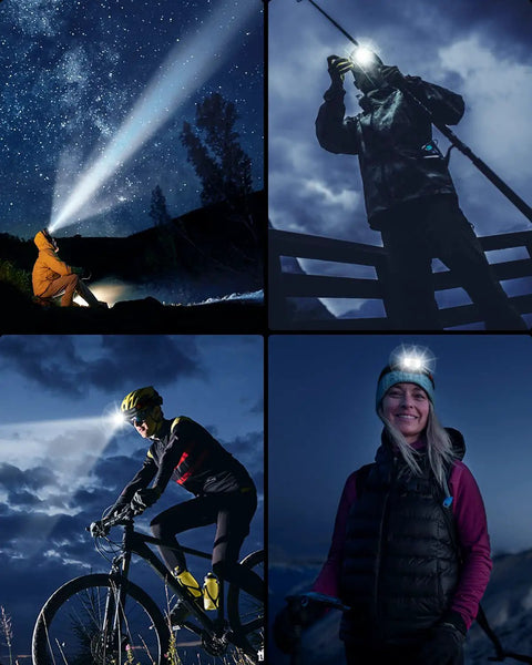 Collage of people using Rechargeable 2 Pack Headlamp With Beast Bright 1200 Lumen LED, Motion Sensor in outdoor activities like hiking and cycling.