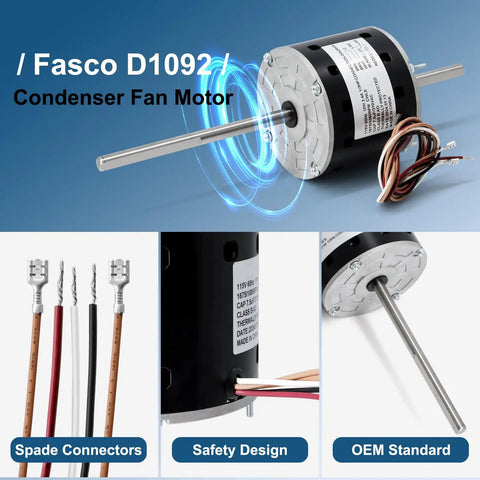 D1092 RV Air Condenser Blower Motor with Capacitor Replacement showing spade connectors and safety design
