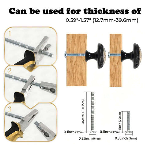 Installation of Vintage Dragonfly Moon Cabinet Knobs Set with various screw lengths, suitable for 0.59-1.57 inch thickness.