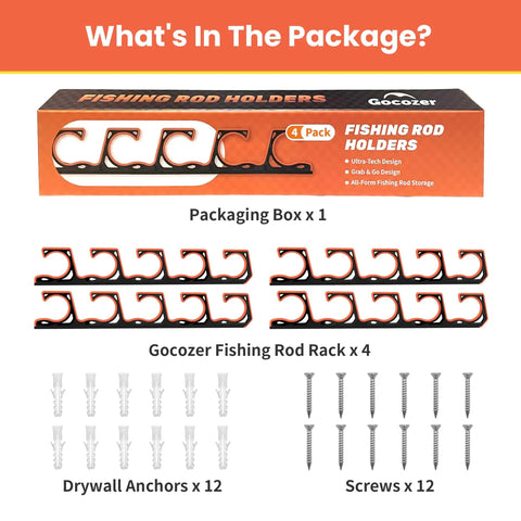 Heavy Duty Fishing Rod Holder Set For Garage Wall Or Ceiling Mounts With Soft TPU Pads, Horizontal Rod Storage Organizer, Secure Wall Mounts For Tackle And Poles, 4 Pack packaging including 12 drywall anchors and 12 screws