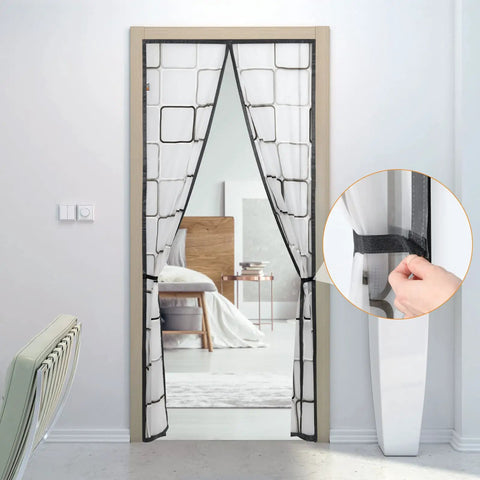 Magnetic Insulated Door Curtain 36x82 Inch Thermal Seal for winter in a bedroom with close-up of magnetic closure