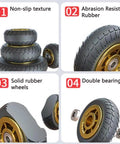 Close-up of components of 3 Inch Heavy Duty Rubber Swivel Caster Wheels Non Marking Quiet Roll With Anti Skid 360 Degree Ball Bearing Steel Yoke Pre Drilled Top Plate Industrial Strength 200 Lb Each 2 Pack With Brakes.
