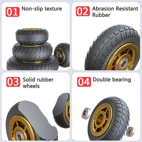 Close-up of components of 3 Inch Heavy Duty Rubber Swivel Caster Wheels Non Marking Quiet Roll With Anti Skid 360 Degree Ball Bearing Steel Yoke Pre Drilled Top Plate Industrial Strength 200 Lb Each 2 Pack With Brakes.