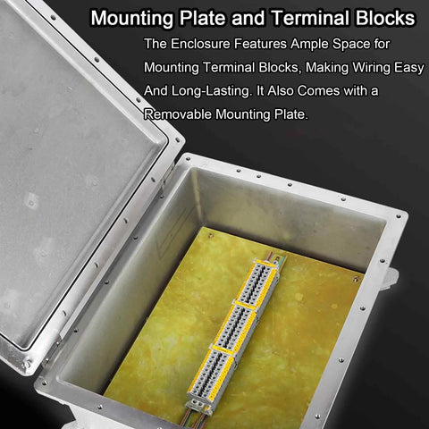 Outdoor waterproof explosion-proof electrical box with hinged lid, internal mounting panel and terminal blocks.