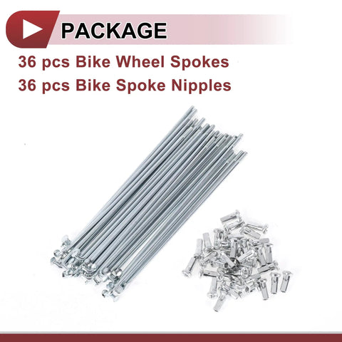 36 Piece 12G Bicycle Spokes Set, 127mm Length, 2.5mm Diameter, 45 Steel Galvanized Silver Tone, 12G Nipple Threads