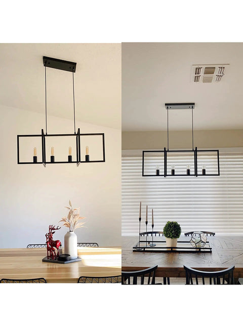 4 Light Modern Farmhouse Kitchen Island Chandelier Matte Black Industrial Pendant Lighting with adjustable height over dining tables.