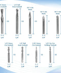 Complete CNC Router Bit Set For Woodworking, Nine Solid Carbide Bits With One Quarter Inch Shanks, Two Reducing Collets, Surfacing Bit, Carving Profile Bits, V Bits Included, One Quarter Inch Router Bit Set shown in diagram with dimensions.