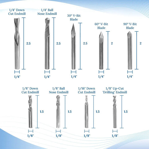 Complete CNC Router Bit Set For Woodworking, Nine Solid Carbide Bits With One Quarter Inch Shanks, Two Reducing Collets, Surfacing Bit, Carving Profile Bits, V Bits Included, One Quarter Inch Router Bit Set shown in diagram with dimensions.