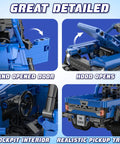 Off Road Pull Back Car Building Kit For Kids 8 12 390 Piece STEM Set For Boys And Girls, Creative Engineering Toys That Build Imagination, Problem Solving, And Hands On Learning With Realistic Truck Modules. Blue plastic pull-back truck model with opening doors, hood, cockpit, and rear bed