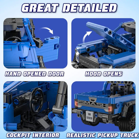 Off Road Pull Back Car Building Kit For Kids 8 12 390 Piece STEM Set For Boys And Girls, Creative Engineering Toys That Build Imagination, Problem Solving, And Hands On Learning With Realistic Truck Modules. Blue plastic pull-back truck model with opening doors, hood, cockpit, and rear bed