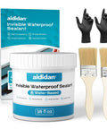Superior Transparent Waterproof Coating And Invisible Sealant For Quick Leak Closure On Roofs Windows Or Driveways With A Flexible Protective Film Locked In Tight Zero Sweat Guarantee shown with brushes and gloves.