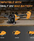 Badass No Nonsense Cordless Angle Grinder For 20V Battery Systems Featuring Brushless Motor and Smooth Variable Speed shown with compatible batteries.