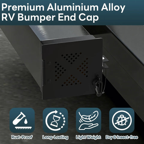 Aluminum RV Bumper End Cap Kit Two Pack For 4 Inch Square Campers with secure latch and rust-resistant end cap.