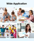 Collage showing four settings for wide application of tools: home, school, office, and bank with people engaged in activities.